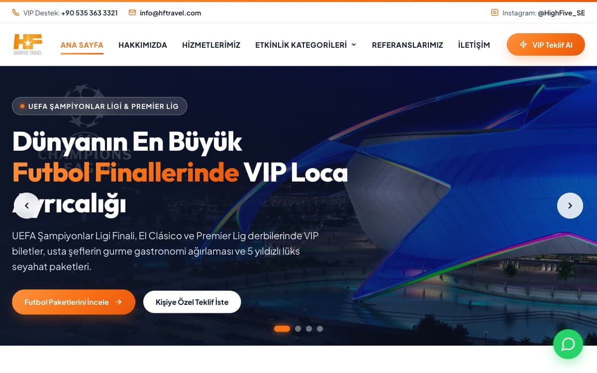 HF Travel website homepage: VIP tickets and travel packages for sports and music events abroad