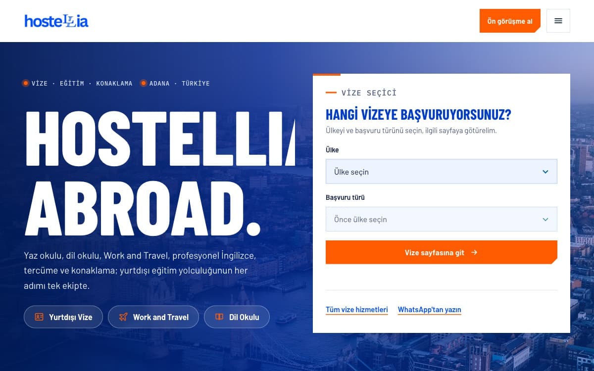 Hostellia Abroad website homepage: Visa and study-abroad consultancy with a visa finder